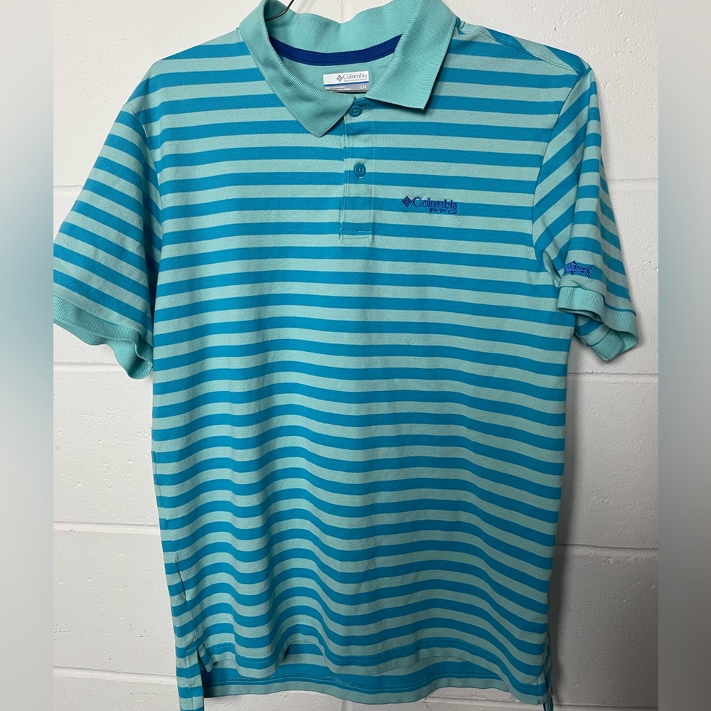 Columbia PFG Striped Polo Shirt Men’s Large Blue Green Short Sleeve Performance